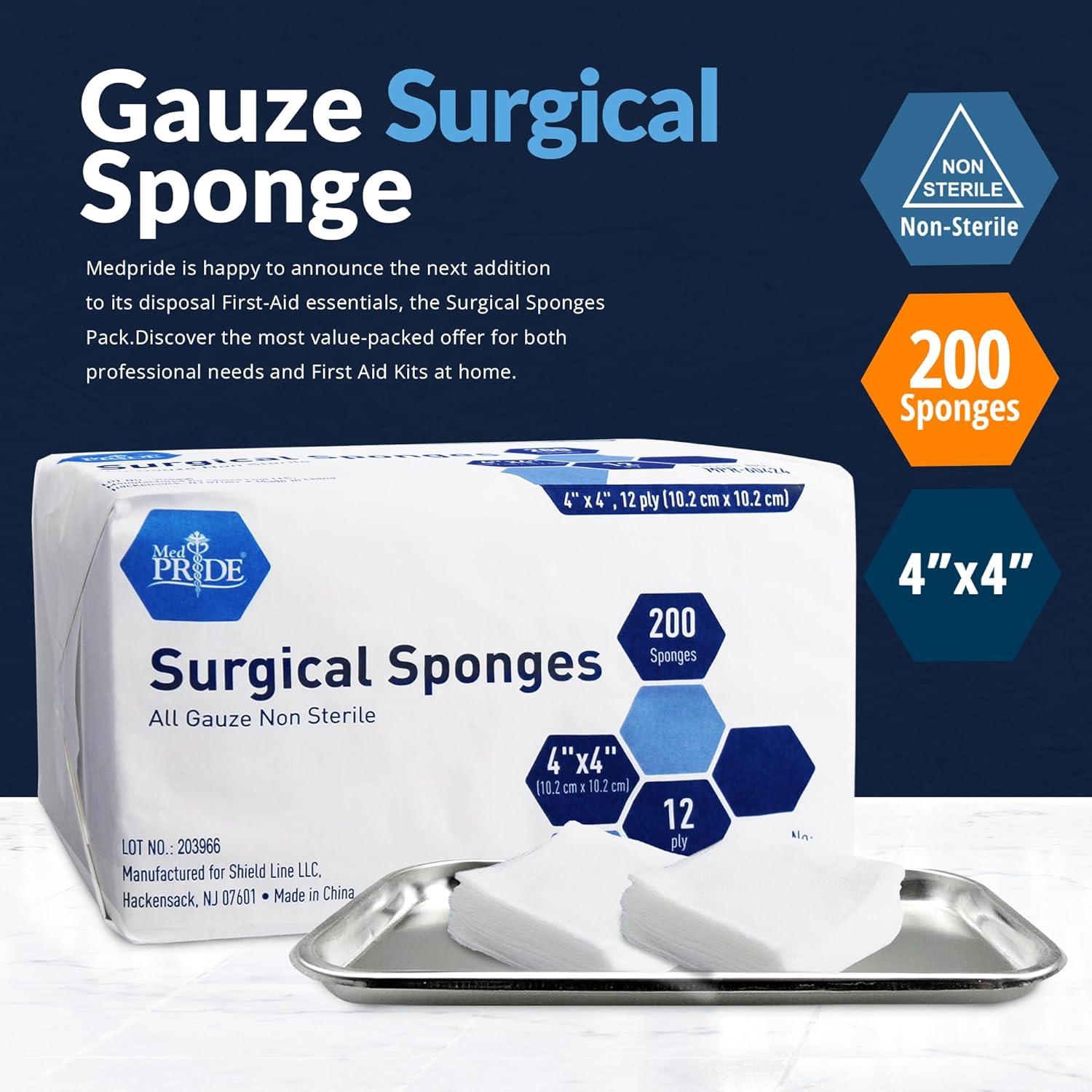 imageMED PRIDE 4x 4 Gauze 200 Surgical Sponges 12ply Extra Absorbent  AllGauze NonSterile Great for Wound Dressing Prepping Scrubbing ampamp Cleaning Essential FirstAid
