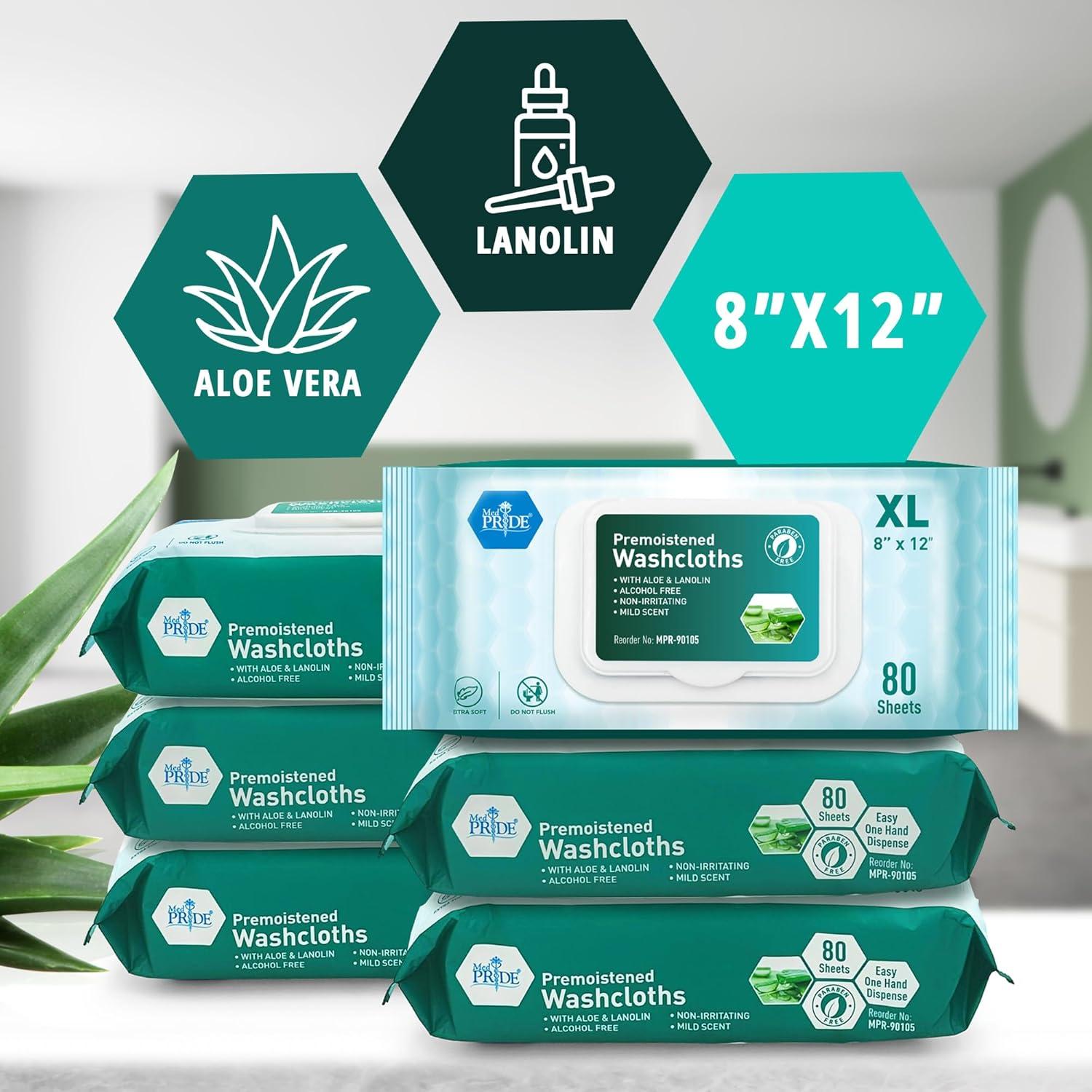 imageMED PRIDE Extra Soft XL Premoistened Disposable Adult Washcloths 8 X 12 Bath Wipes for Sensitive Skin with Aloe Vera Case of 480 80ct Pack of 6Aloe Vera