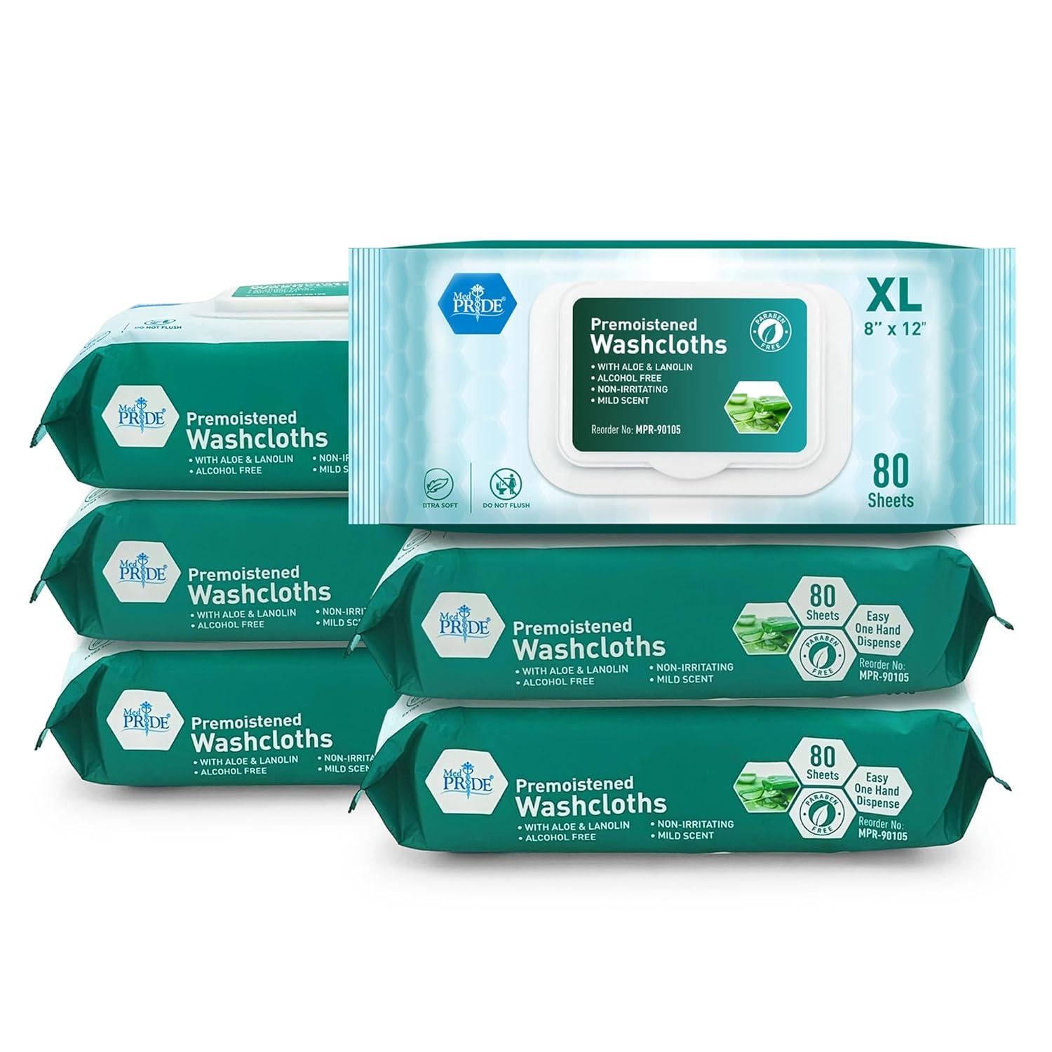 imageMED PRIDE Extra Soft XL Premoistened Disposable Adult Washcloths 8 X 12 Bath Wipes for Sensitive Skin with Aloe Vera Case of 480 80ct Pack of 6Aloe Vera