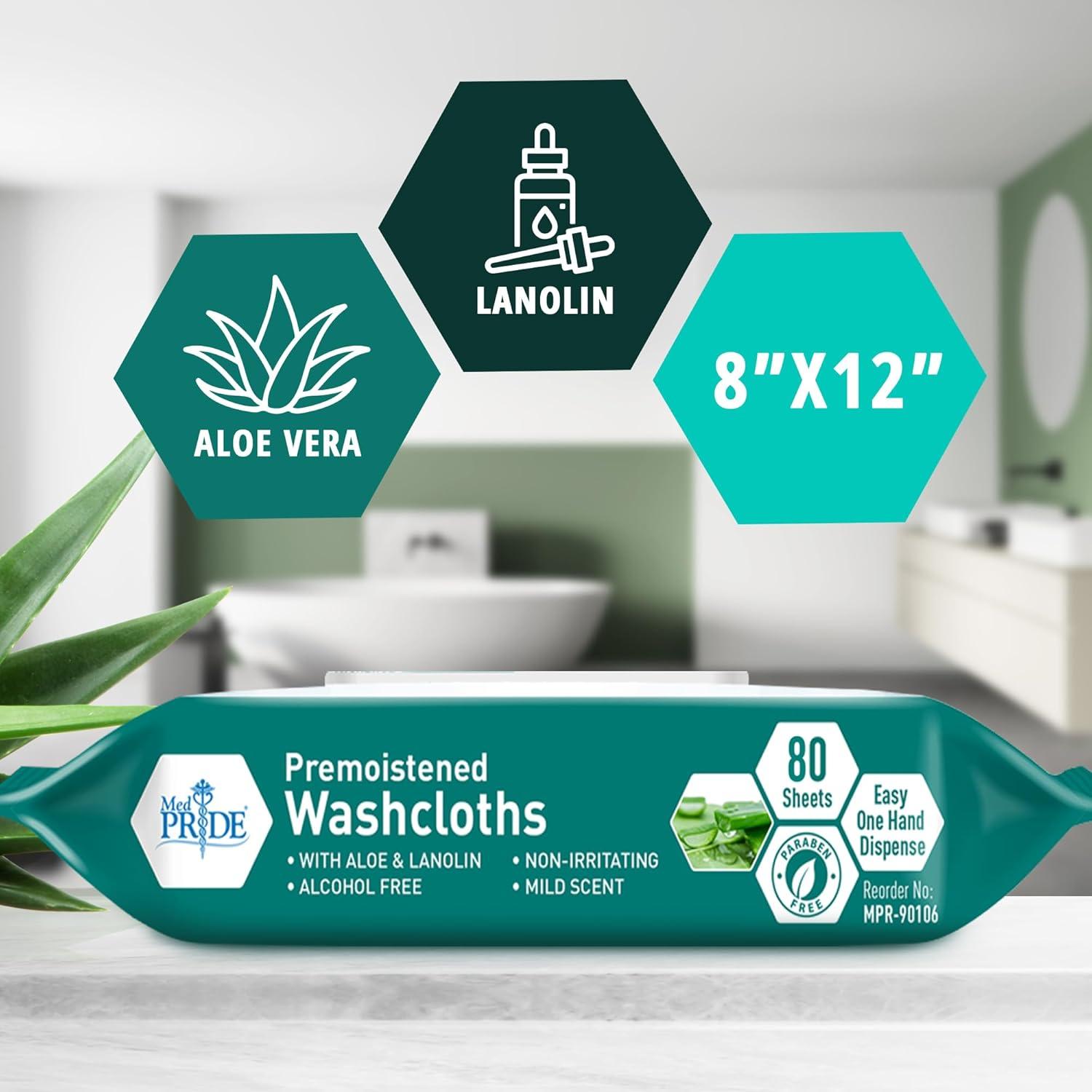 imageMED PRIDE Extra Soft XL Premoistened Disposable Adult Washcloths 8 X 12 Bath Wipes for Sensitive Skin with Aloe Vera Case of 480 80ct Pack of 6Aloe Vera