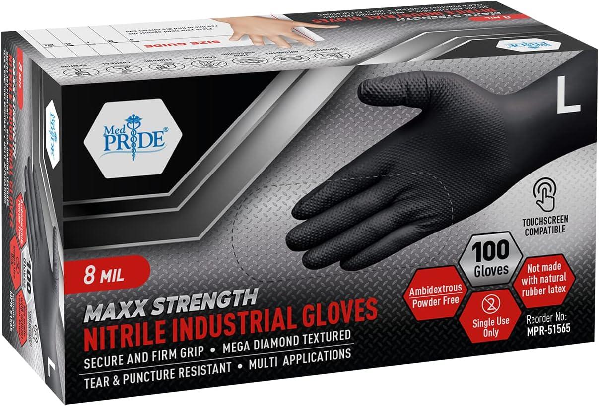 imageMED PRIDE Maxx Strength Nitrile Industrial Black 8 Mil Thick  Diamond Texture Disposable HeavyDuty TearResistant1000