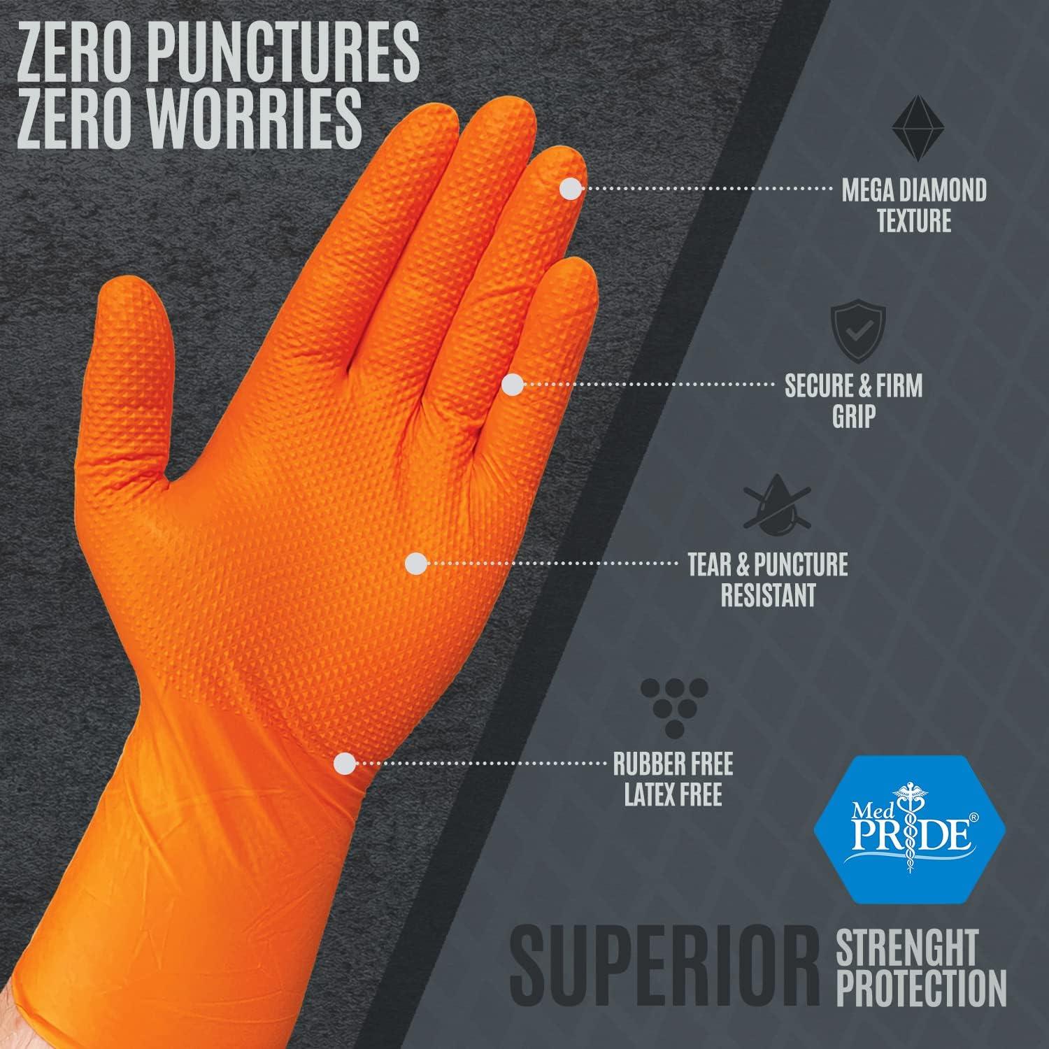 imageMED PRIDE Maxx Strength Nitrile Industrial Orange Gloves 8 Mil Thick  Diamond Texture Disposable HeavyDuty TearResistant100