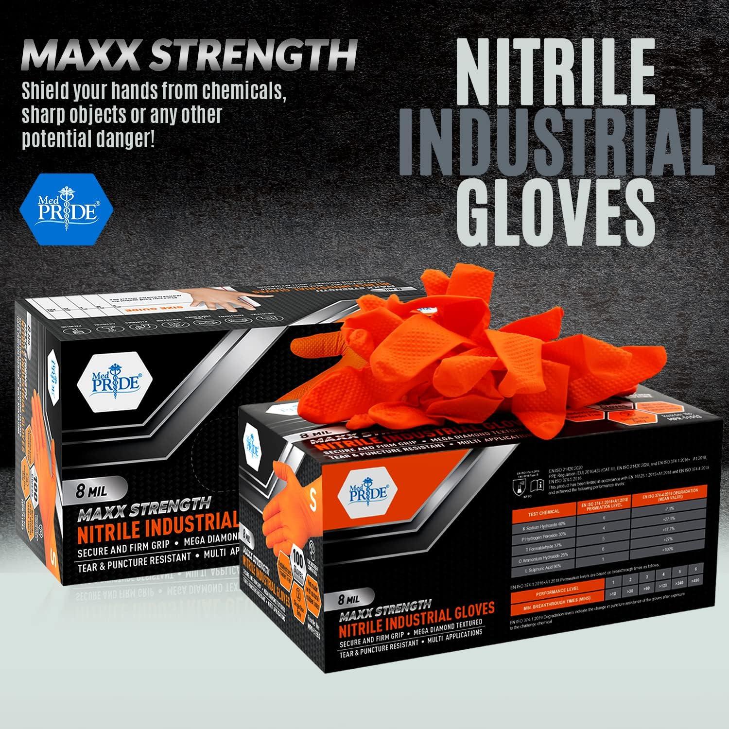 imageMED PRIDE Maxx Strength Nitrile Industrial Orange Gloves 8 Mil Thick  Diamond Texture Disposable HeavyDuty TearResistant1000