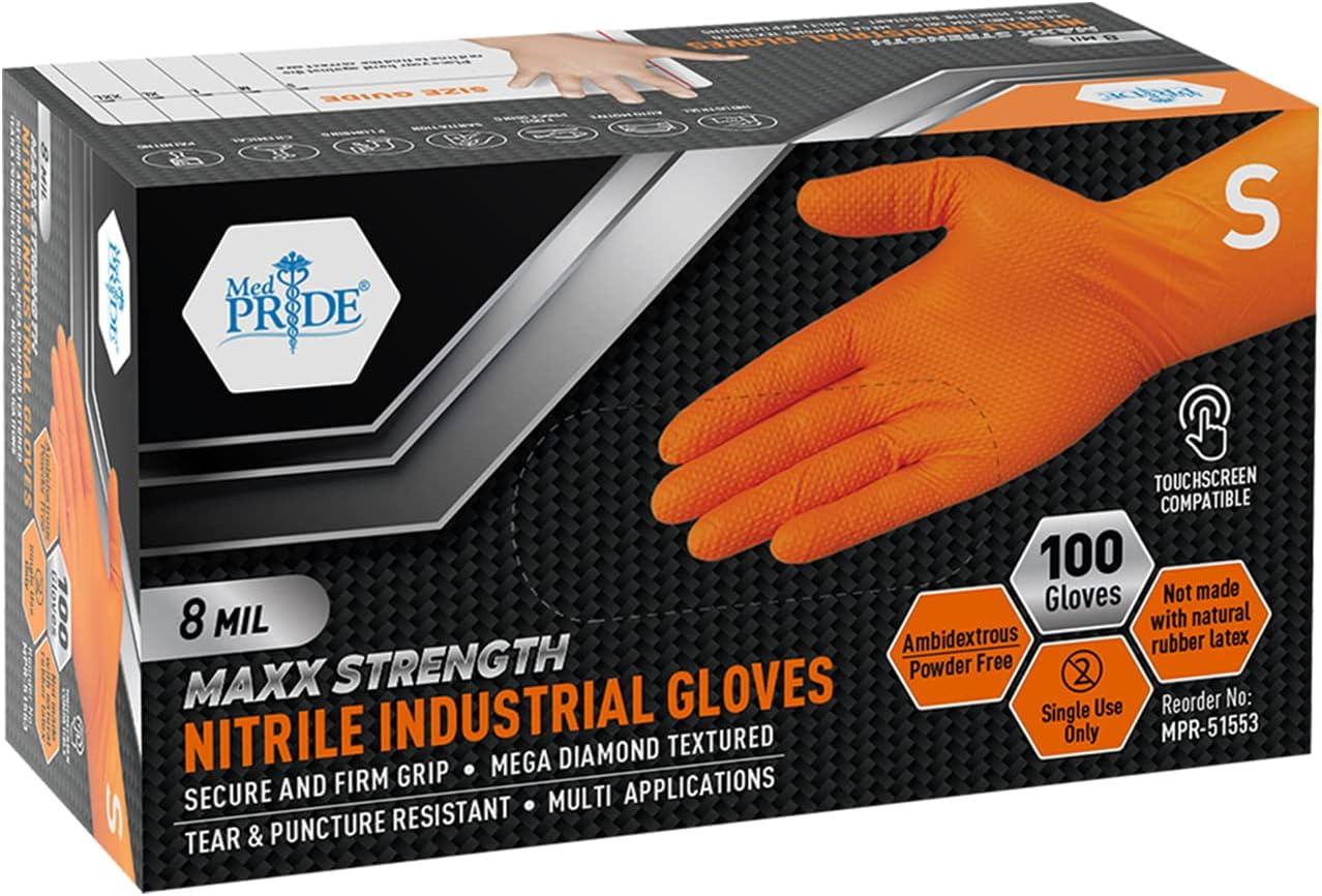 imageMED PRIDE Maxx Strength Nitrile Industrial Orange Gloves 8 Mil Thick  Diamond Texture Disposable HeavyDuty TearResistant1000