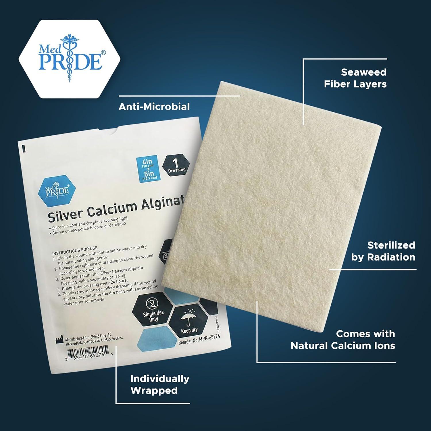 imageMED PRIDE Silver Calcium Alginate Wound Dressing Pads Pack of 5 Non Stick Highly Absorbent Seaweed Fiber Layers 20x Absorbency 4 x 84 x 5