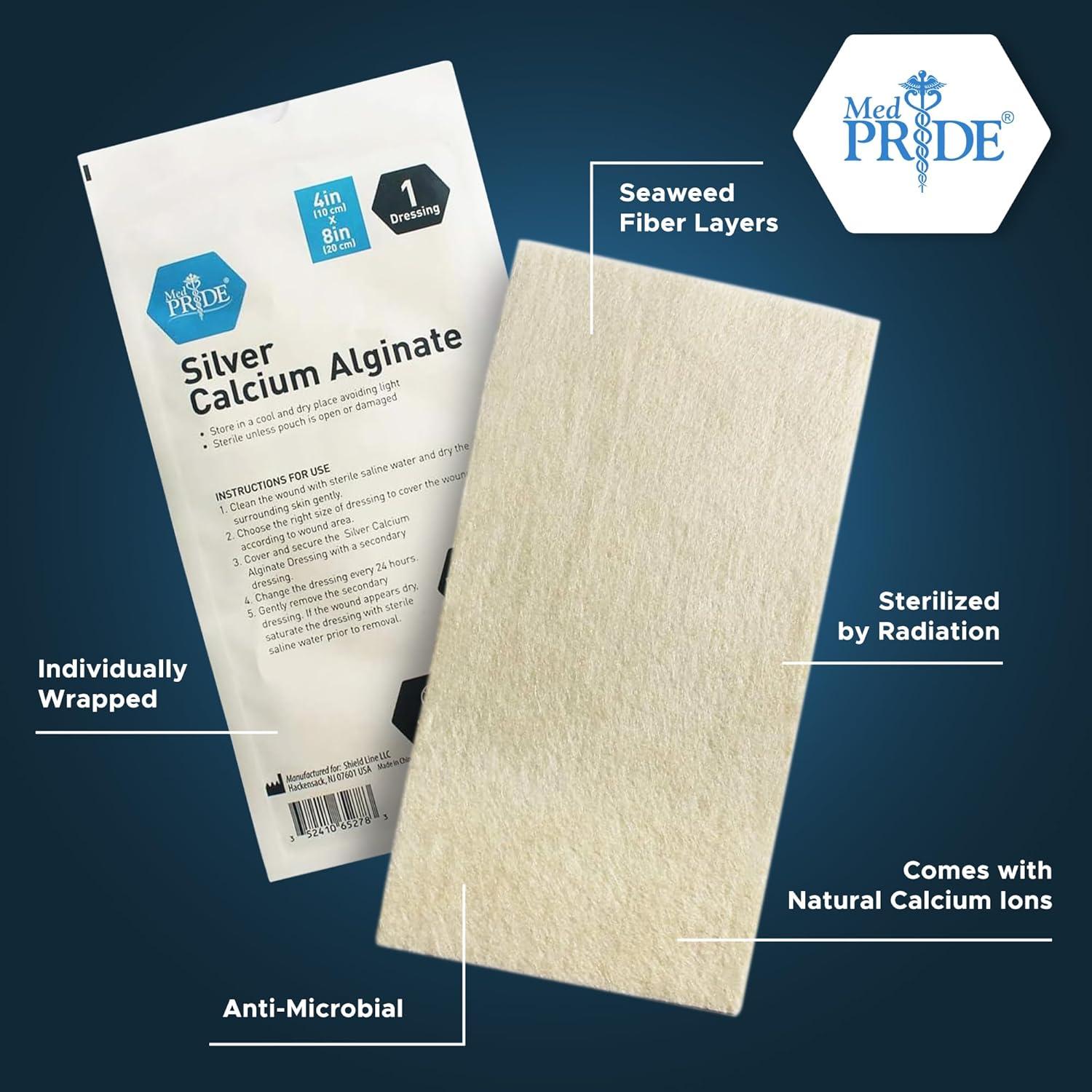 imageMED PRIDE Silver Calcium Alginate Wound Dressing Pads Pack of 5 Non Stick Highly Absorbent Seaweed Fiber Layers 20x Absorbency 4 x 84 x 8