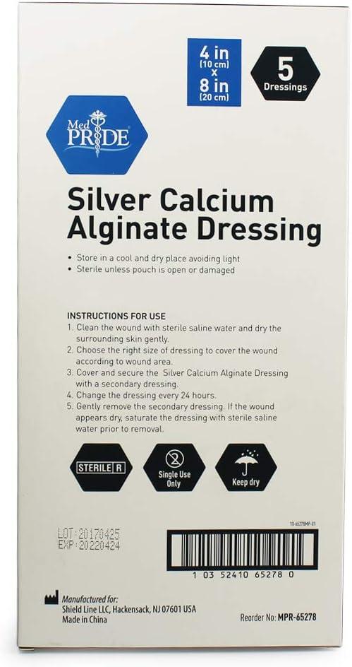 imageMED PRIDE Silver Calcium Alginate Wound Dressing Pads Pack of 5 Non Stick Highly Absorbent Seaweed Fiber Layers 20x Absorbency 4 x 84 x 8