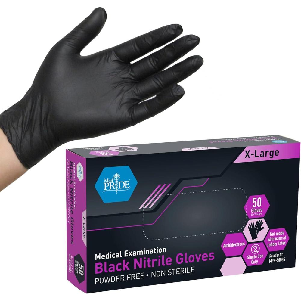 imageMED PRIDE Black Nitrile Exam Gloves  4 Mil Thick Disposable LatexPowderFree  For Surgical Doctors Hospital ampamp Home Use50