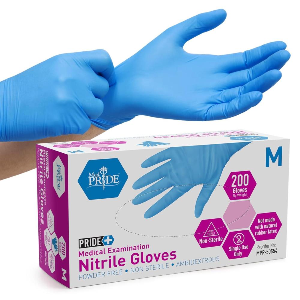 imageMED PRIDE Disposable Blue Nitrile Gloves Pack of 200 Ideal for Medical First Responders Law Enforcement Tattoo Artists Food Vendors Painters Cleaners Pet Care and MoreMedium Pack of 200