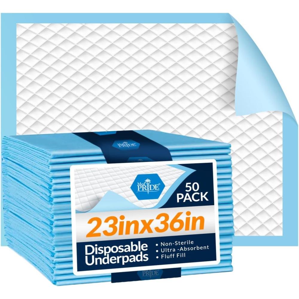 imageMED PRIDE Disposable Chux Pads 23in X 36in Super Absorbent Bed Pads for Incontinence Underpads for Adults Kids Pets 50 Count Pack of 1 BlueWhite