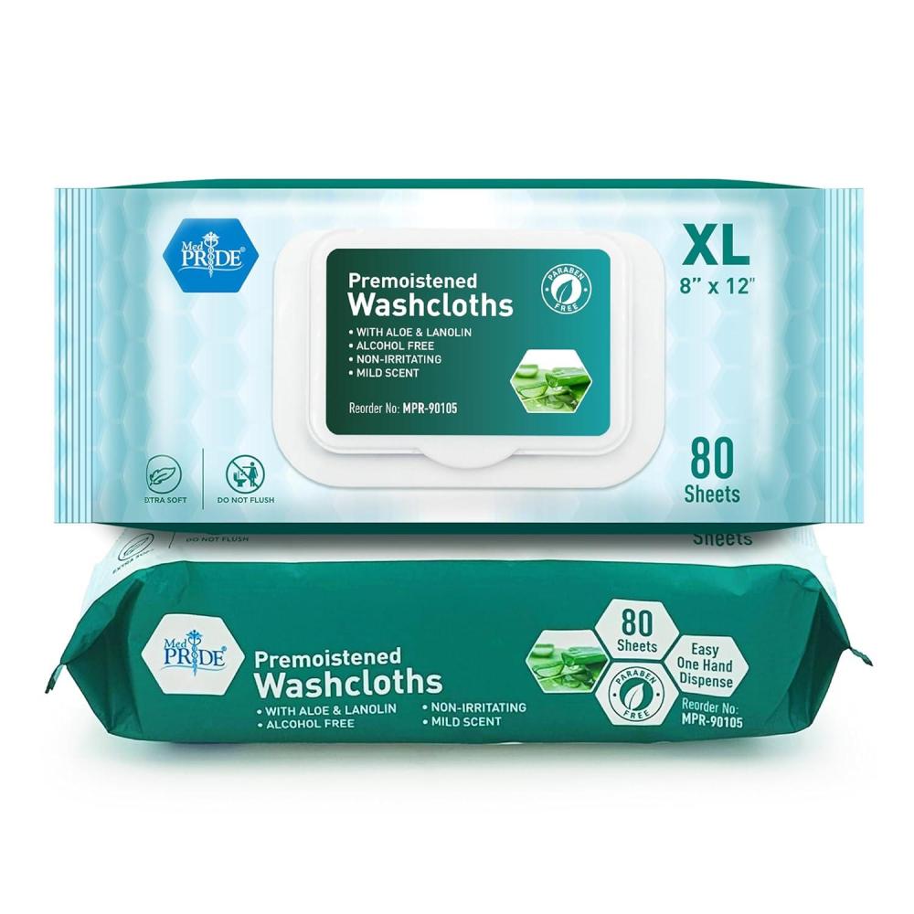 imageMED PRIDE Extra Soft XL Premoistened Disposable Adult Washcloths 8 X 12 Bath Wipes for Sensitive Skin with Aloe Vera Case of 480 80ct Pack of 6Aloe Vera