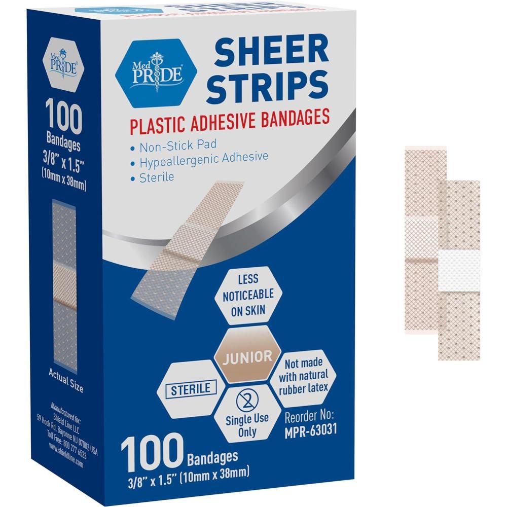 imageMED PRIDE Junior Strip Bandages Small Bandages for Fingers Hypoallergenic LatexFree NonStick Pad 100 Pack 38in X 15in