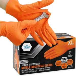 imageMED PRIDE Maxx Strength Nitrile Industrial Orange Gloves 8 Mil Thick  Diamond Texture Disposable HeavyDuty TearResistant100