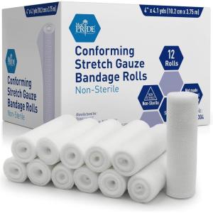 imageMED PRIDE Stretch Gauze Bandage Rolls 4in X 41 Yards Pack of 12 PreRolled Rolling Stretch Gauze for Wisdom Teeth Wounds Injuries