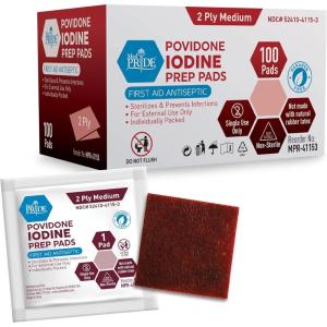 imageMED PRIDE Individually Wrapped Iodine Wipes 10 Povidone Iodine Prep Pads AlcoholFree Antiseptic for Wounds 100 Count100